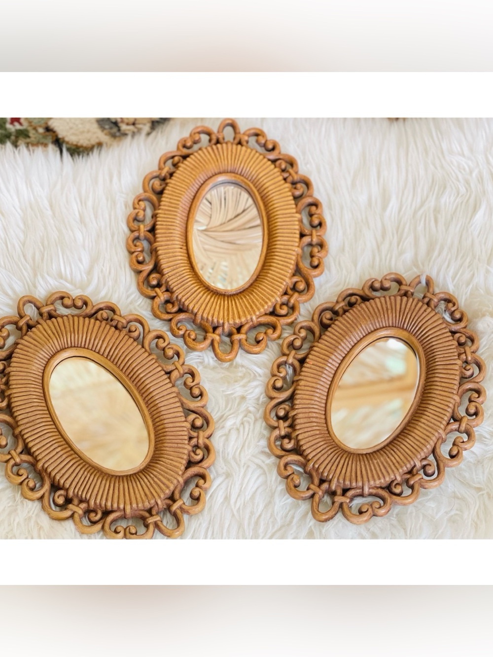 3 Vintage Homco Faux Wicker Rattan Oval Wall Mirrors Small 70s Boho